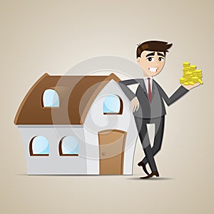 Cartoon businessman with house and money