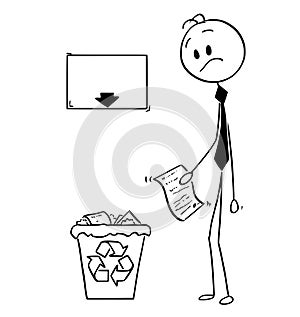 Cartoon of Businessman With Idea or Invention on Paper Looking on Trash Bin with Empty Sign Above