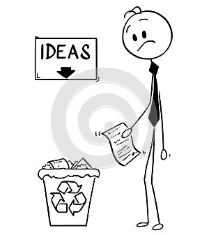 Cartoon of Businessman With Idea or Invention on Paper Looking on Trash Bin with Ideas Sign and Arrow Above