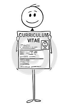 Cartoon of Businessman Job Seeker Applicant Holding Curriculum Vitae or CV or resume