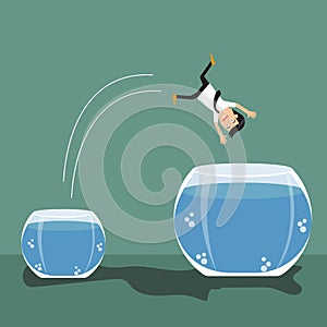 Cartoon businessman jumping out from small to a bigger fish bowl