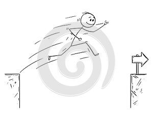 Cartoon of Businessman Jumping Over the Chasm, Overcoming Obstacle