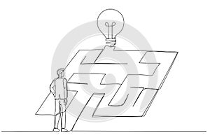 Cartoon of businessman on ladder watering to fill in liquid in idea light bulb concept of idea development. One line style art