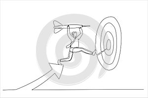 Cartoon of businessman leader holding dart running from rising graph arrow and jump to bullseye target. Business target