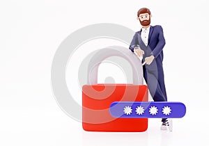 Cartoon businessman lean a padlock 3d render on white background illustration