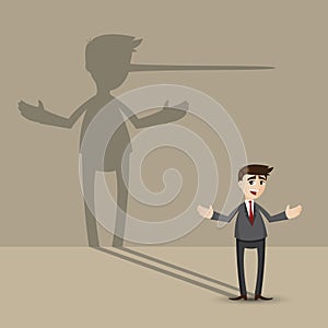 Cartoon businessman with long nose shadow on wall