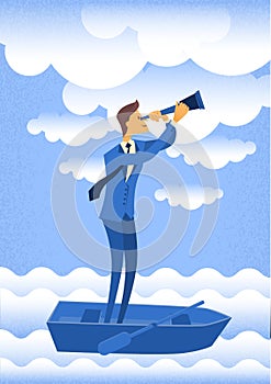 Cartoon Businessman Looking Through Telescope Up Clouds Standing In Boat