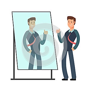 Cartoon businessman loves to look at his reflection in mirror. Egoistic person vector consept