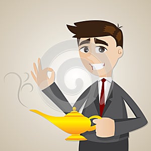 Cartoon businessman with magic lamp