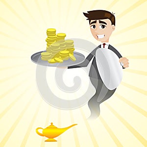 Cartoon businessman from magic lamp showing money