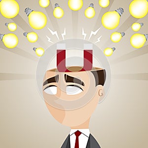 Cartoon businessman with magnetic idea bulb