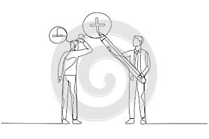 Cartoon of businessman manager using pencil to draw positive sign on employee negative thought concept of attitude. One line art