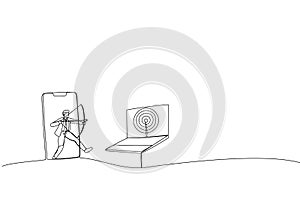 Cartoon of businessman from mobile app aiming target and other computer laptop. Metaphor for remarketing or behavioral retargeting