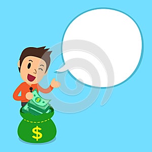 Cartoon businessman and money bag with white speech bubble