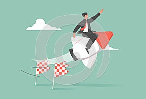 Cartoon businessman moving top on rocket and crash set vector graphic illustration. Collection of successful team moving