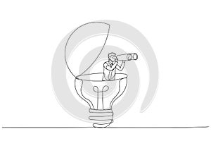 Cartoon of businessman open lightbulb idea using binoculars to see business vision. Creativity to help. One line style art