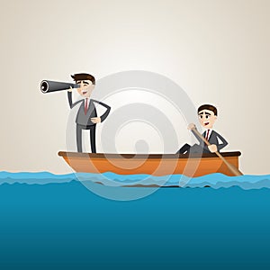 Cartoon businessman paddling on sea with teammate scouting photo