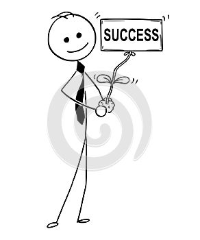 Cartoon of Businessman with Plant as Success Sign in Hand