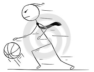 Cartoon of Businessman Playing Basketball and Dribble a Ball