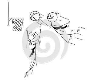 Cartoon of Businessman Playing Basketball and Jumping to Score