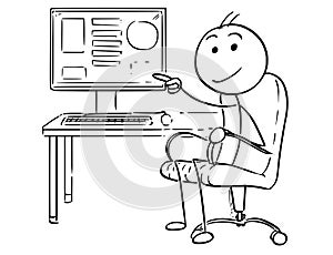 Cartoon of Businessman Pointing at Computer Screen