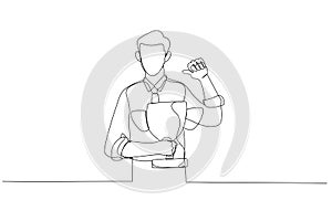 Cartoon of businessman pointing self with thumb feeling proud get trophy award for achievement. One line art style photo