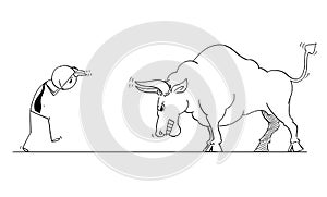 Cartoon of Businessman Provoking Bull as Rising Market Prices Symbol