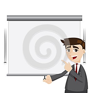 Cartoon businessman pull down presentation board