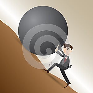 Cartoon businessman push steel ball on moutain