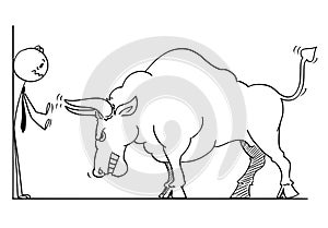 Cartoon of Businessman Pushed into Corner by Bull as Rising Market Prices Symbol photo