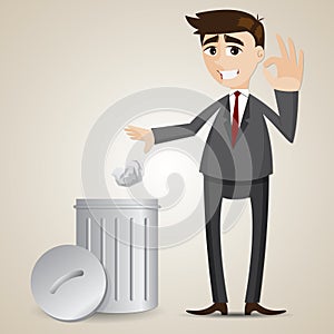 Cartoon businessman put paper in recycle bin