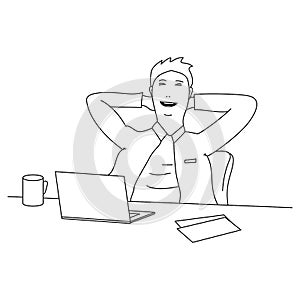 Cartoon businessman relaxing on the desk after finishing work