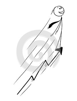 Cartoon of Businessman Riding on Rising Graph Arrow