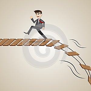 Cartoon businessman run away from broken rope bridge