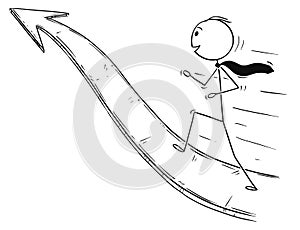 Cartoon of Businessman Running On Arrow for Success