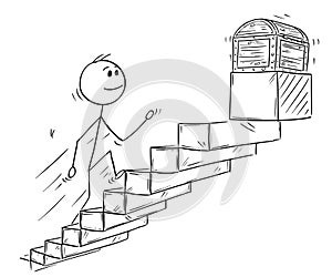 Cartoon of Businessman Running Up Stairs or Staircase for Treasure Chest