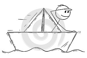 Cartoon of Businessman Sailing Paper Ship or Boat