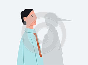 Cartoon businessman with shadow of long lie nose vector flat illustration