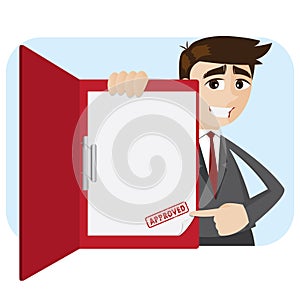 Cartoon businessman showing approved document in folder