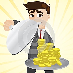 Cartoon businessman showing gold coin in tray
