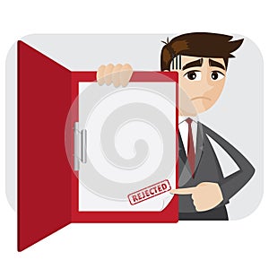 Cartoon businessman showing rejected document in folder