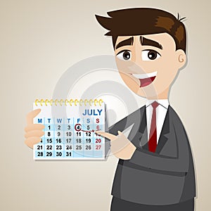 Cartoon businessman showing weekend on calendar