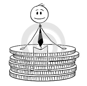 Cartoon of Businessman Sitting on Small Stack of Coins