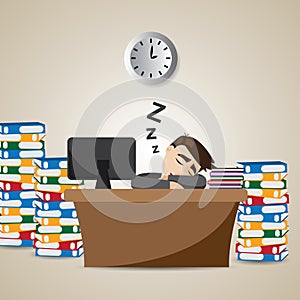 Cartoon businessman sleeping at working time