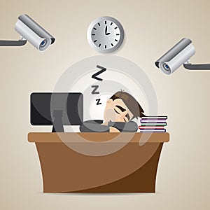 Cartoon businessman sleeping at working time with CCTV