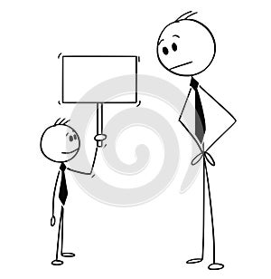 Cartoon of Businessman and Small Business Boy Holding Empty Sign