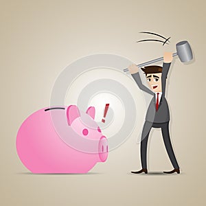 Cartoon businessman smashed piggy bank