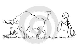 Cartoon of Businessman Sneaking to Catch Bull as Rising Market Prices Symbol With Lasso or Rope