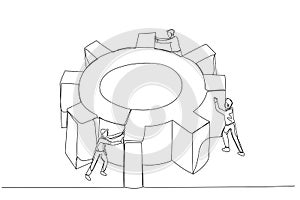 Cartoon of businessman spinning cogwheel gear together with team concept of hard work team. One line art style