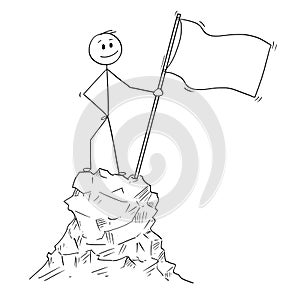 Cartoon of Businessman Standing With Flag on Top or Peak of the Mountain